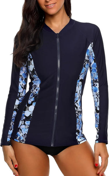 Navy Zip-Front Long Sleeve UV-Protective Swim